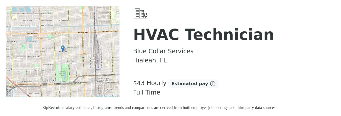 Blue Collar Services job posting for a HVAC Technician in Hialeah, FL with a salary of $45 Hourly with a map of Hialeah location.