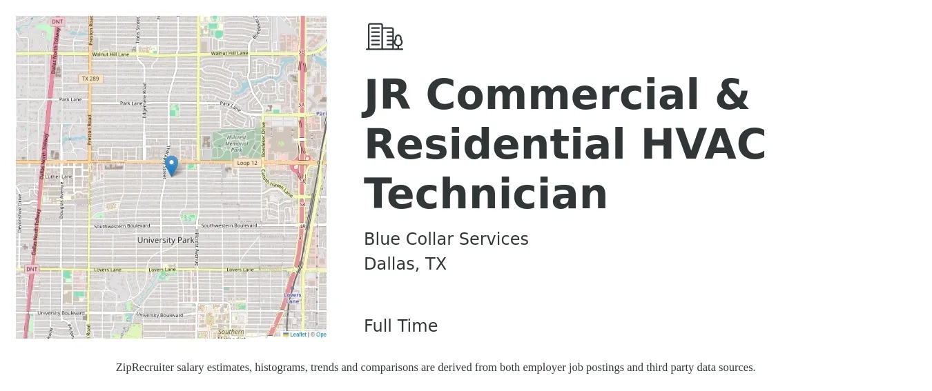 Blue Collar Services job posting for a JR Commercial & Residential HVAC Technician in Dallas, TX with a salary of $28 to $36 Hourly with a map of Dallas location.