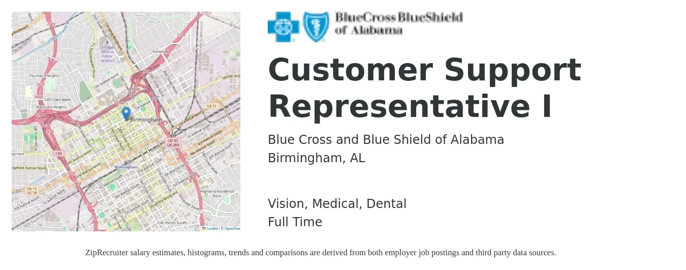 Blue Cross and Blue Shield of Alabama job posting for a Customer Support Representative I in Birmingham, AL with a salary of $15 to $20 Hourly and benefits including retirement, vision, dental, life_insurance, medical, and pto with a map of Birmingham location.