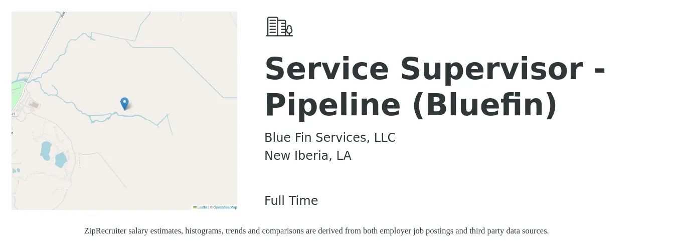 Blue Fin Services, LLC job posting for a Service Supervisor - Pipeline (Bluefin) in New Iberia, LA with a salary of $17 to $29 Hourly with a map of New Iberia location.