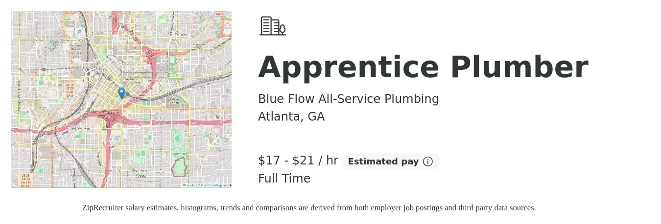 Blue Flow All-Service Plumbing job posting for a Apprentice Plumber in Atlanta, GA with a salary of $18 to $22 Hourly with a map of Atlanta location.
