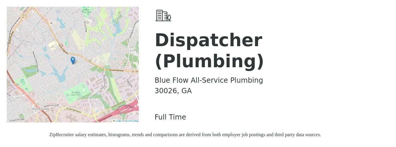 Blue Flow All-Service Plumbing job posting for a Dispatcher (Plumbing) in 30026, GA with a salary of $18 to $24 Hourly with a map of 30026 location.