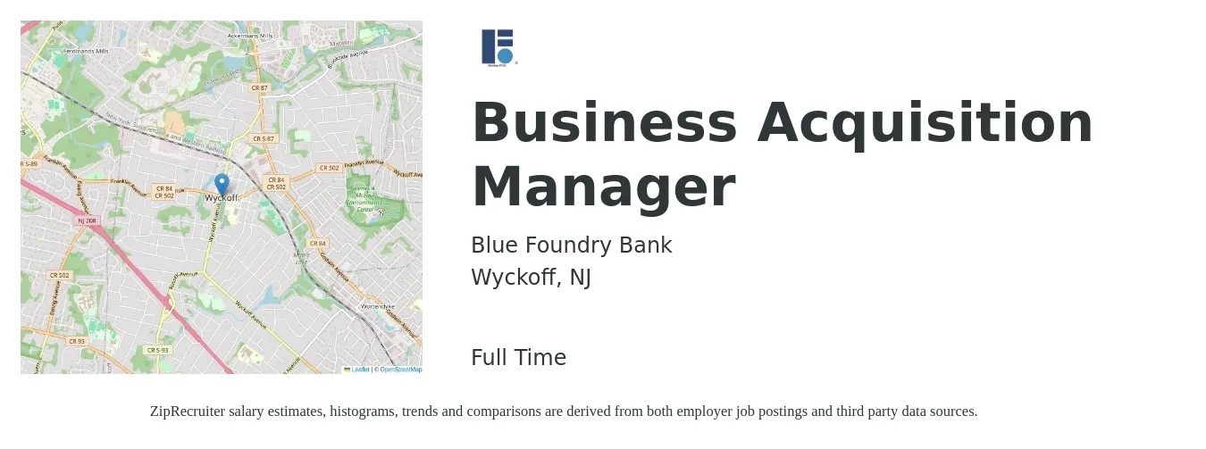 Blue Foundry Bank job posting for a Business Acquisition Manager in Wyckoff, NJ with a map of Wyckoff location.
