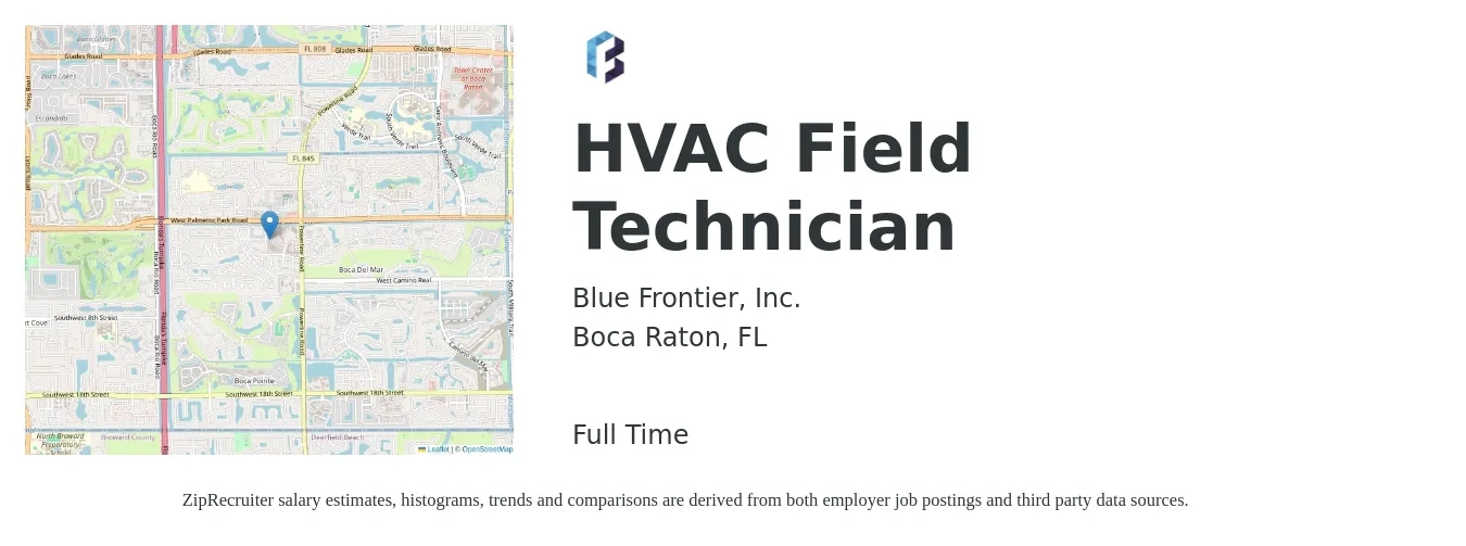 Blue Frontier, Inc. job posting for a HVAC Field Technician in Boca Raton, FL with a salary of $19 to $29 Hourly with a map of Boca Raton location.