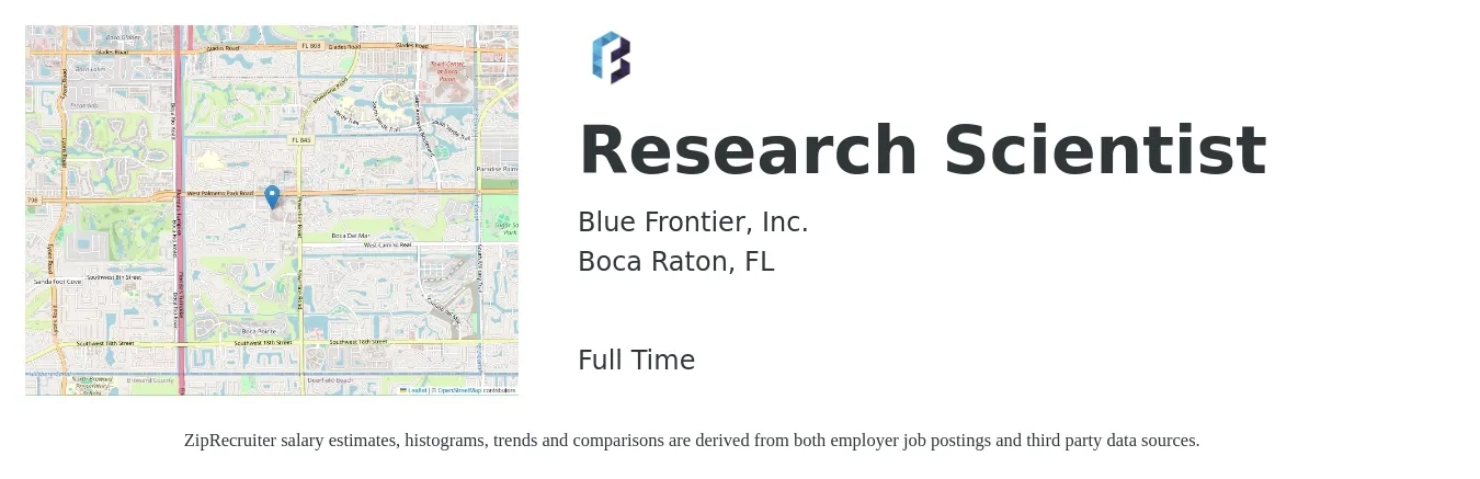 Blue Frontier, Inc. job posting for a Research Scientist in Boca Raton, FL with a salary of $102,000 to $164,200 Yearly with a map of Boca Raton location.