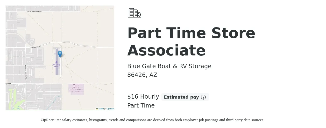 Blue Gate Boat & RV Storage job posting for a Part Time Store Associate in 86426, AZ with a salary of $17 Hourly with a map of 86426 location.