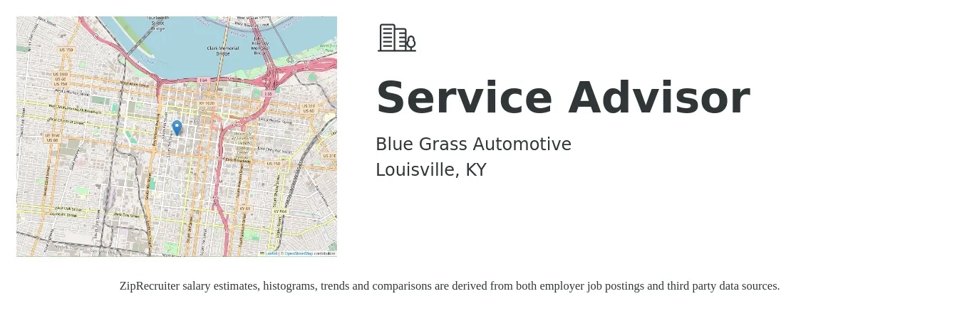 Blue Grass Automotive job posting for a Service Advisor in Louisville, KY with a salary of $18 to $30 Hourly with a map of Louisville location.