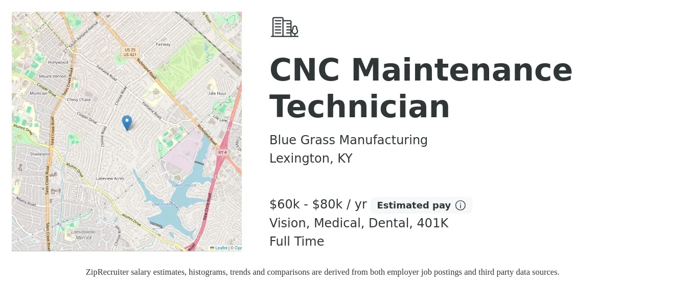 Blue Grass Manufacturing job posting for a CNC Maintenance Technician in Lexington, KY with a salary of $60,000 to $80,000 Yearly and benefits including dental, life_insurance, medical, vision, and 401k with a map of Lexington location.