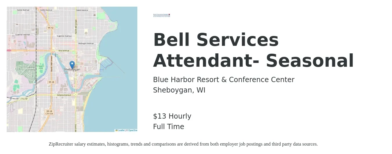 Blue Harbor Resort & Conference Center job posting for a Bell Services Attendant- Seasonal in Sheboygan, WI with a salary of $14 Hourly with a map of Sheboygan location.