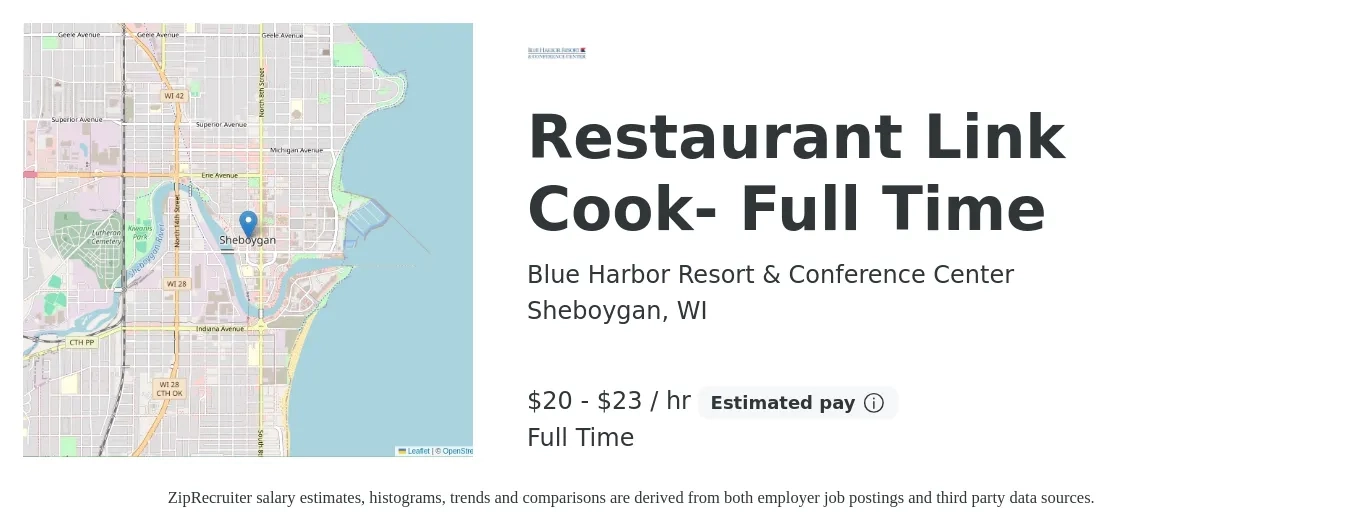 Blue Harbor Resort & Conference Center job posting for a Restaurant Link Cook- Full Time in Sheboygan, WI with a salary of $21 to $24 Hourly with a map of Sheboygan location.