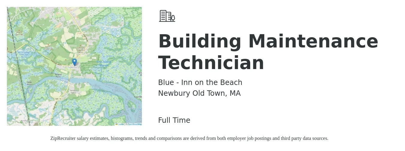 Blue - Inn on the Beach job posting for a Building Maintenance Technician in Newbury Old Town, MA with a salary of $20 to $27 Hourly with a map of Newbury Old Town location.