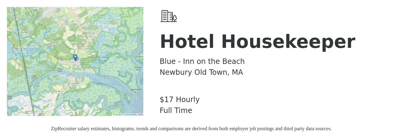 Blue - Inn on the Beach job posting for a Hotel Housekeeper in Newbury Old Town, MA with a salary of $18 Hourly with a map of Newbury Old Town location.