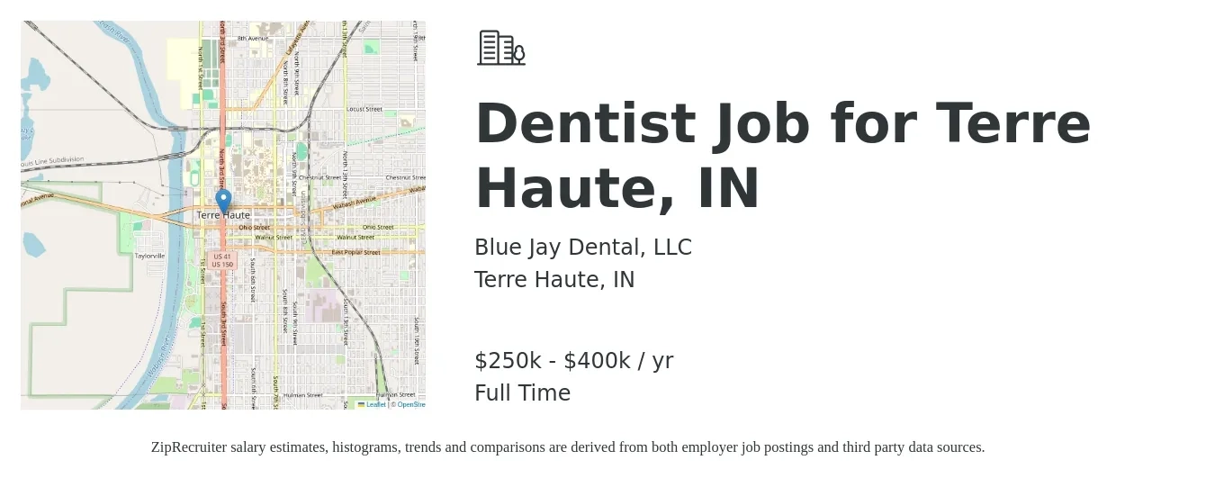Blue Jay Dental, LLC job posting for a Dentist Job for Terre Haute, IN in Terre Haute, IN with a salary of $250,000 to $400,000 Yearly with a map of Terre Haute location.