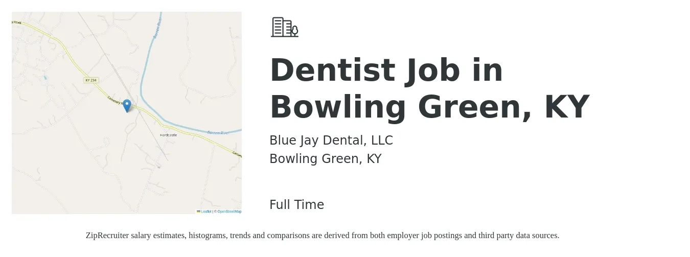 Blue Jay Dental, LLC job posting for a Dentist Job in Bowling Green, KY in Bowling Green, KY with a salary of $151,900 to $245,600 Yearly with a map of Bowling Green location.