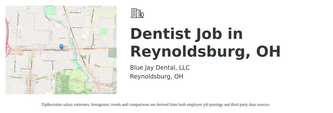 Blue Jay Dental, LLC job posting for a Dentist Job in Reynoldsburg, OH in Reynoldsburg, OH with a salary of $141,800 to $229,200 Yearly with a map of Reynoldsburg location.
