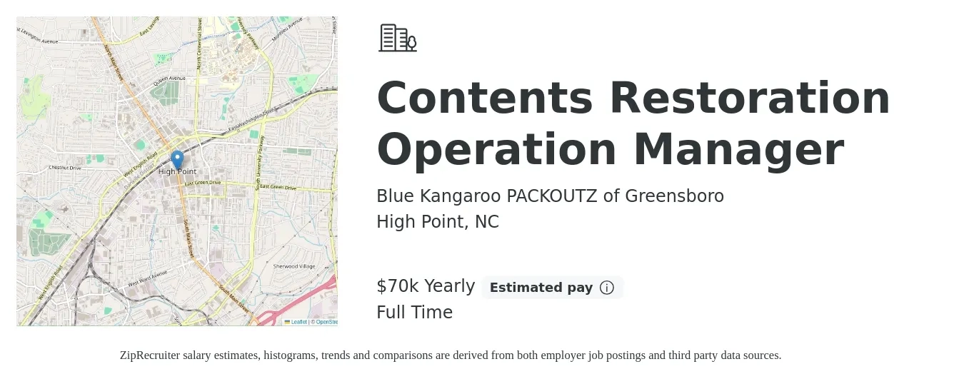 Blue Kangaroo PACKOUTZ of Greensboro job posting for a Contents Restoration Operation Manager in High Point, NC with a salary of $70,000 Yearly with a map of High Point location.