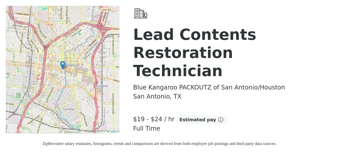 Blue Kangaroo PACKOUTZ of San Antonio/Houston job posting for a Lead Contents Restoration Technician in San Antonio, TX with a salary of $20 to $25 Hourly with a map of San Antonio location.