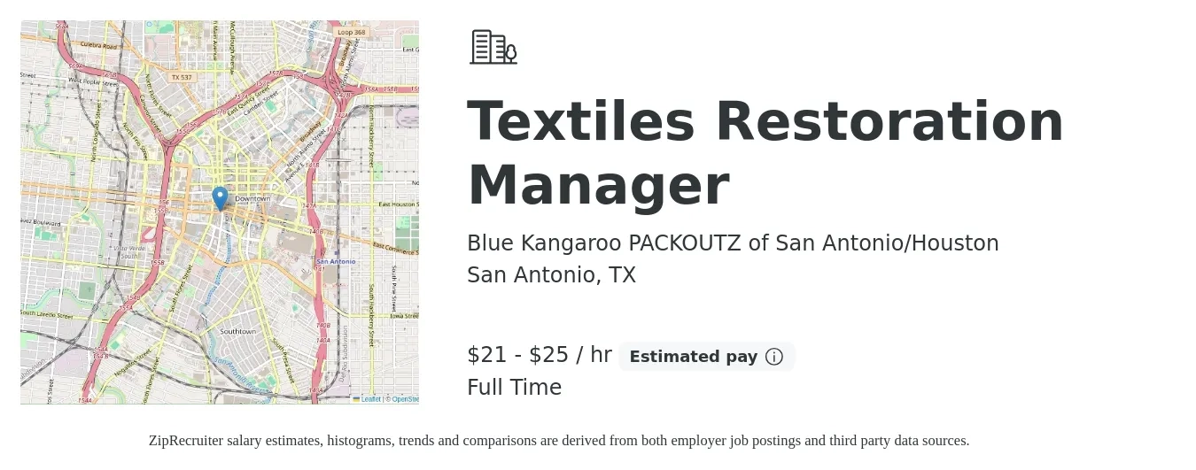Blue Kangaroo PACKOUTZ of San Antonio/Houston job posting for a Textiles Restoration Manager in San Antonio, TX with a salary of $22 to $27 Hourly with a map of San Antonio location.