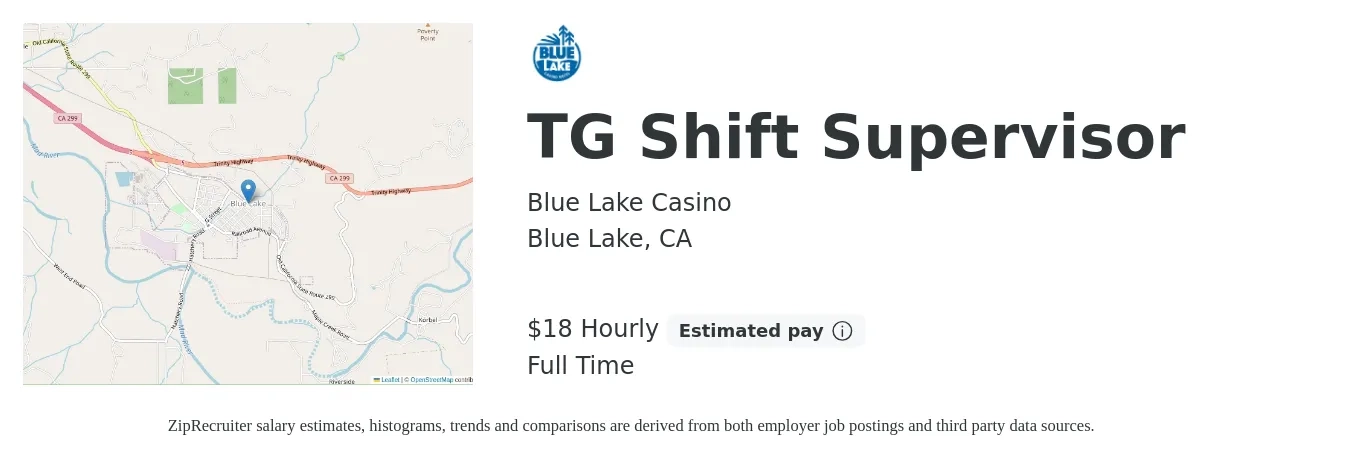 Blue Lake Casino job posting for a TG Shift Supervisor in Blue Lake, CA with a salary of $19 Hourly with a map of Blue Lake location.