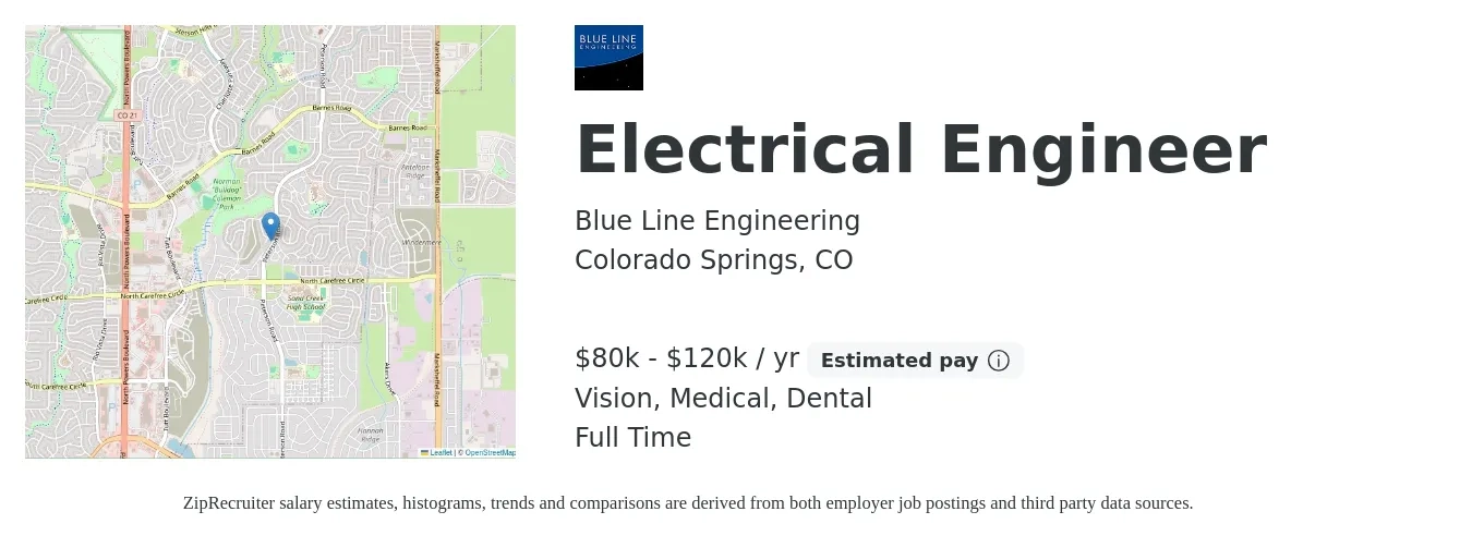 Blue Line Engineering job posting for a Electrical Engineer in Colorado Springs, CO with a salary of $80,000 to $120,000 Yearly and benefits including retirement, vision, dental, life_insurance, medical, and pto with a map of Colorado Springs location.