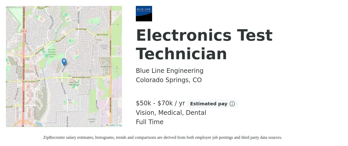 Blue Line Engineering job posting for a Electronics Test Technician in Colorado Springs, CO with a salary of $50,000 to $70,000 Yearly (plus commission) and benefits including pto, retirement, vision, dental, life_insurance, and medical with a map of Colorado Springs location.