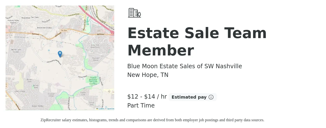Blue Moon Estate Sales of SW Nashville job posting for a Estate Sale Team Member in New Hope, TN with a salary of $13 to $15 Hourly with a map of New Hope location.