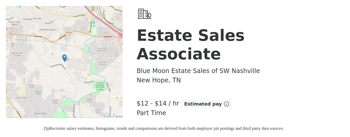Blue Moon Estate Sales of SW Nashville job posting for a Estate Sales Associate in New Hope, TN with a salary of $13 to $15 Hourly with a map of New Hope location.