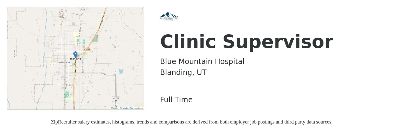 Blue Mountain Hospital job posting for a Clinic Supervisor in Blanding, UT with a salary of $58,700 to $81,200 Yearly with a map of Blanding location.
