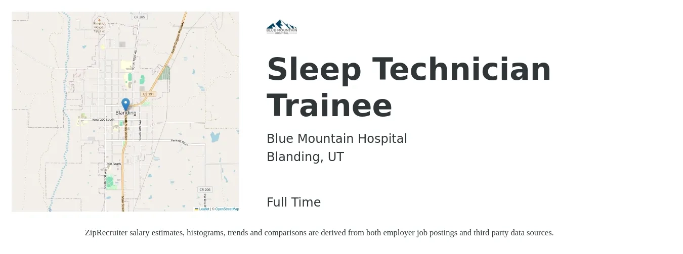 Blue Mountain Hospital job posting for a Sleep Technician Trainee in Blanding, UT with a salary of $22 to $34 Hourly with a map of Blanding location.