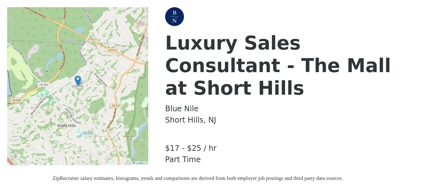 Blue Nile job posting for a Luxury Sales Consultant - The Mall at Short Hills in Short Hills, NJ with a salary of $19 to $27 Hourly with a map of Short Hills location.