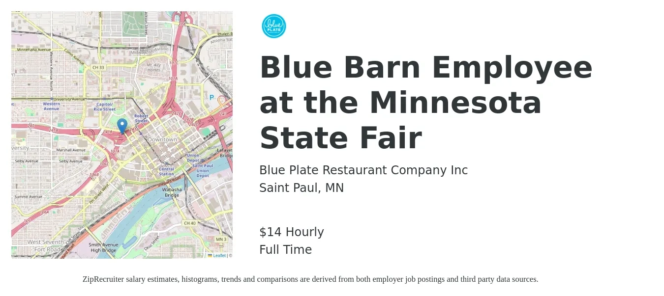 Blue Plate Restaurant Company Inc job posting for a Blue Barn Employee at the Minnesota State Fair in Saint Paul, MN with a salary of $15 Hourly with a map of Saint Paul location.