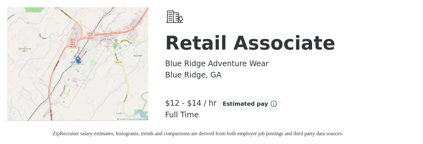 Blue Ridge Adventure Wear job posting for a Retail Associate in Blue Ridge, GA with a salary of $13 to $15 Hourly with a map of Blue Ridge location.
