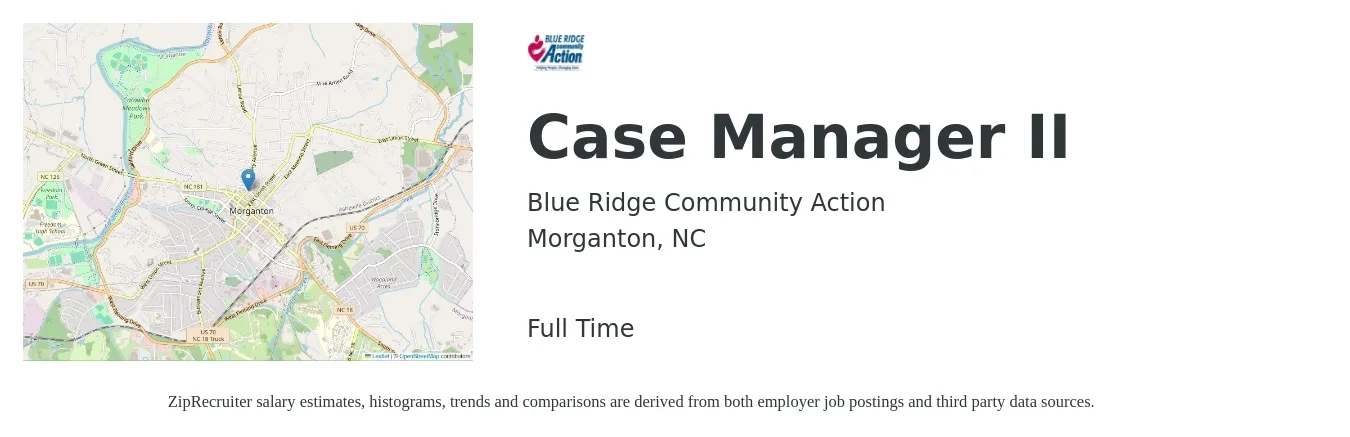 Blue Ridge Community Action job posting for a Case Manager II in Morganton, NC with a salary of $16 to $20 Hourly with a map of Morganton location.
