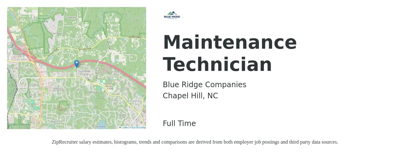 Blue Ridge Companies job posting for a Maintenance Technician in Chapel Hill, NC with a salary of $18 to $25 Hourly with a map of Chapel Hill location.