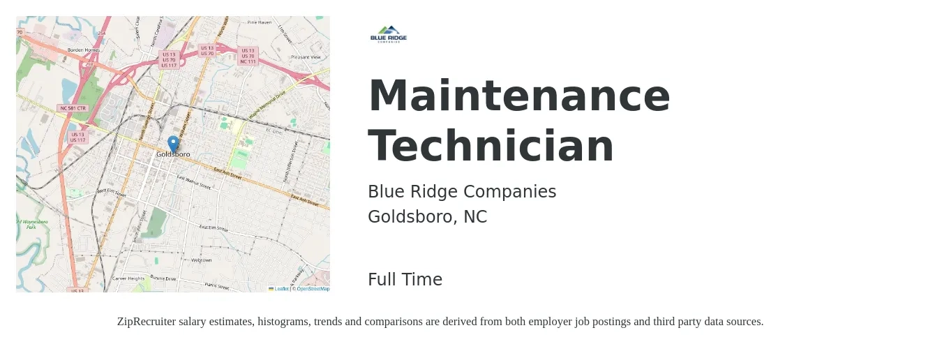 Blue Ridge Companies job posting for a Maintenance Technician in Goldsboro, NC with a salary of $15 to $21 Hourly with a map of Goldsboro location.