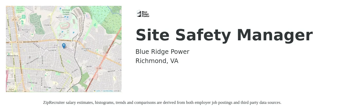 Blue Ridge Power job posting for a Site Safety Manager in Richmond, VA with a salary of $37 to $52 Hourly with a map of Richmond location.