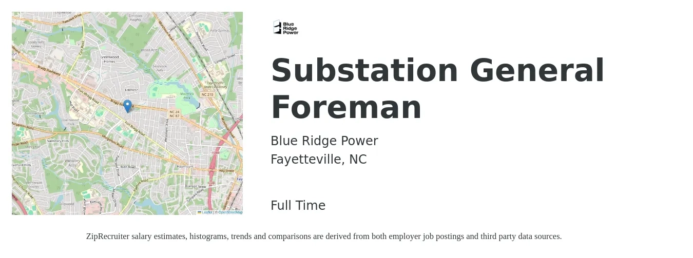 Blue Ridge Power job posting for a Substation General Foreman in Fayetteville, NC with a salary of $38 to $62 Hourly with a map of Fayetteville location.