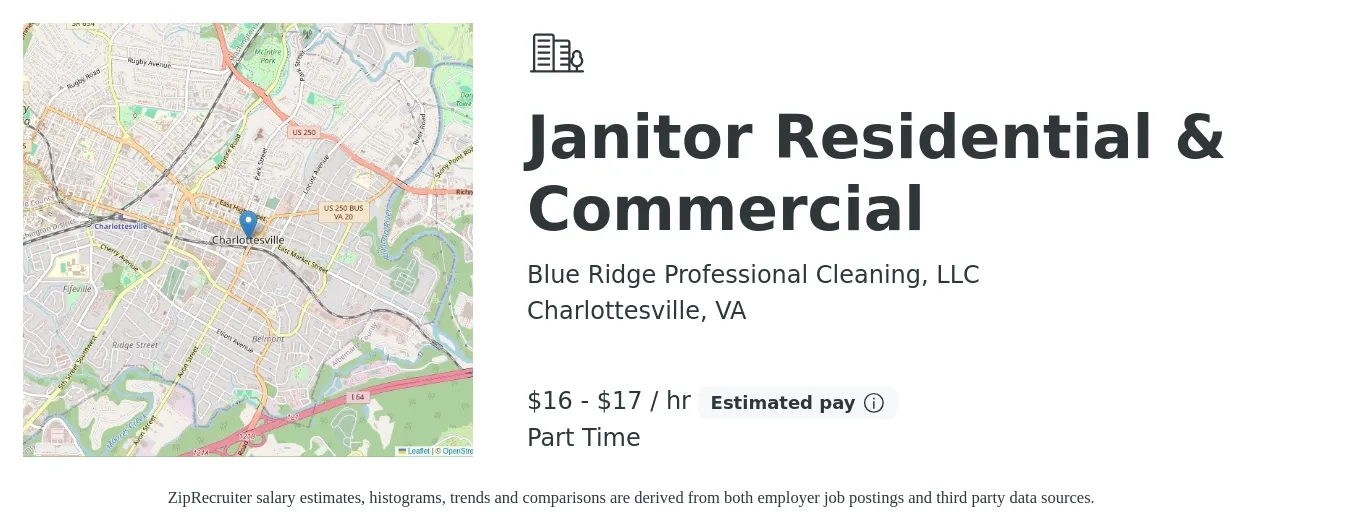 Blue Ridge Professional Cleaning, LLC job posting for a Janitor Residential & Commercial in Charlottesville, VA with a salary of $17 to $18 Hourly with a map of Charlottesville location.