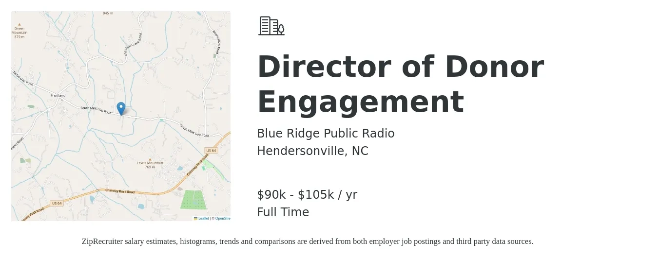 Blue Ridge Public Radio job posting for a Director of Donor Engagement in Hendersonville, NC with a salary of $90,000 to $105,000 Yearly with a map of Hendersonville location.