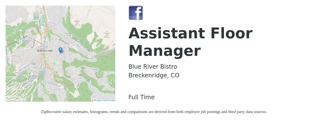 Blue River Bistro job posting for a Assistant Floor Manager in Breckenridge, CO with a salary of $48,600 to $78,500 Yearly with a map of Breckenridge location.