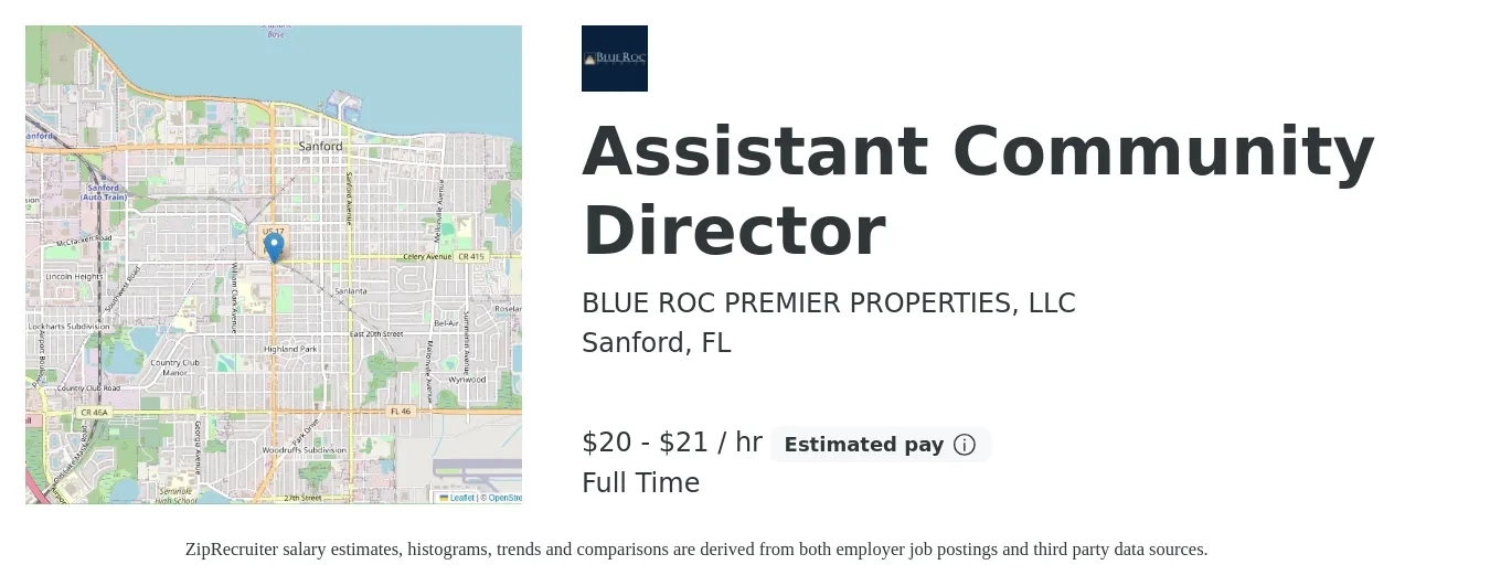 BLUE ROC PREMIER PROPERTIES, LLC job posting for a Assistant Community Director in Sanford, FL with a salary of $21 to $22 Hourly with a map of Sanford location.