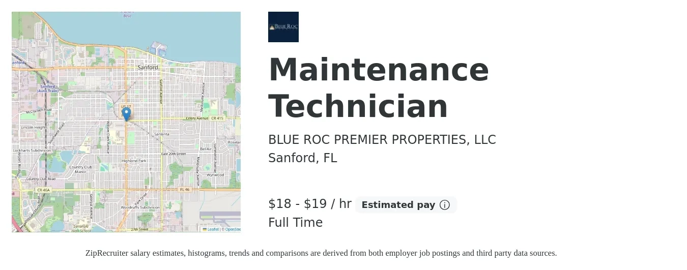 BLUE ROC PREMIER PROPERTIES, LLC job posting for a Maintenance Technician in Sanford, FL with a salary of $19 to $20 Hourly with a map of Sanford location.