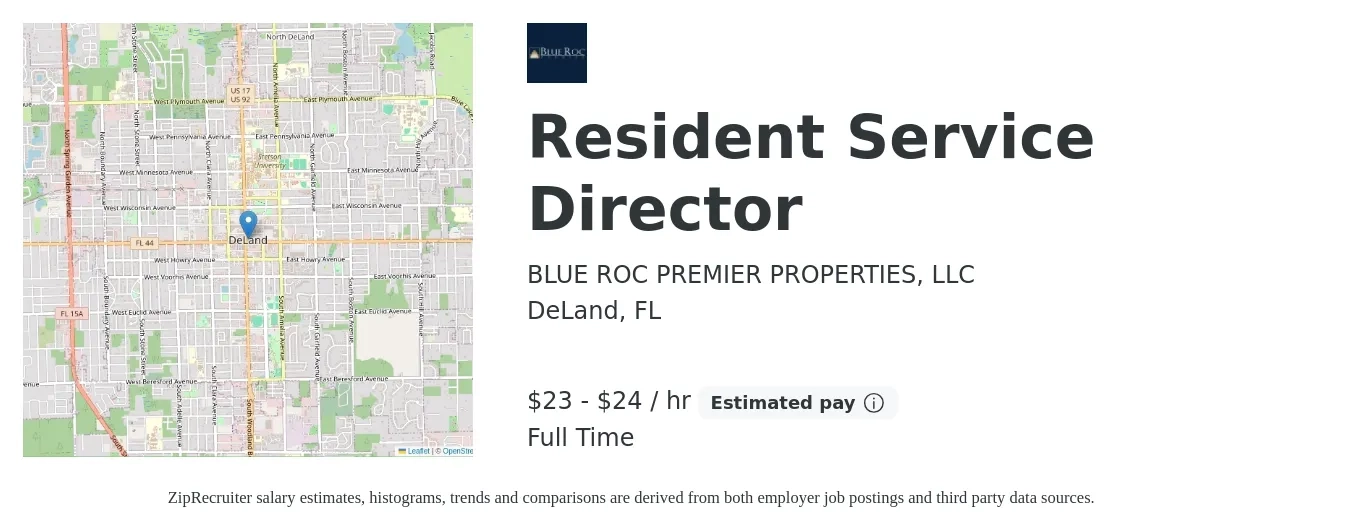 Blue Roc Premier Family of Companies job posting for a Resident Service Director in DeLand, FL with a salary of $24 to $25 Hourly with a map of DeLand location.
