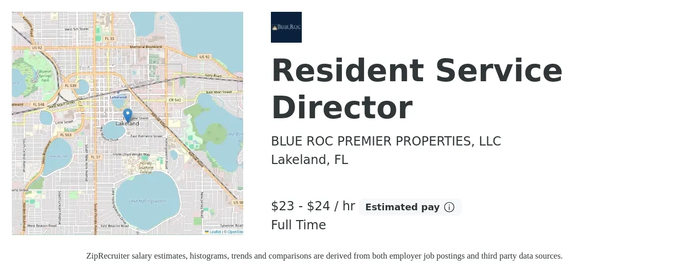 Blue Roc Premier Family of Companies job posting for a Resident Service Director in Lakeland, FL with a salary of $24 to $25 Hourly with a map of Lakeland location.