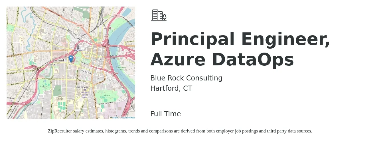 Blue Rock Consulting job posting for a Principal Engineer, Azure DataOps in Hartford, CT with a salary of $119,500 to $174,500 Yearly with a map of Hartford location.