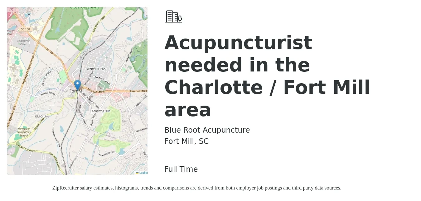Blue Root Acupuncture job posting for a Acupuncturist needed in the Charlotte / Fort Mill area in Fort Mill, SC with a salary of $50,500 to $77,300 Yearly with a map of Fort Mill location.