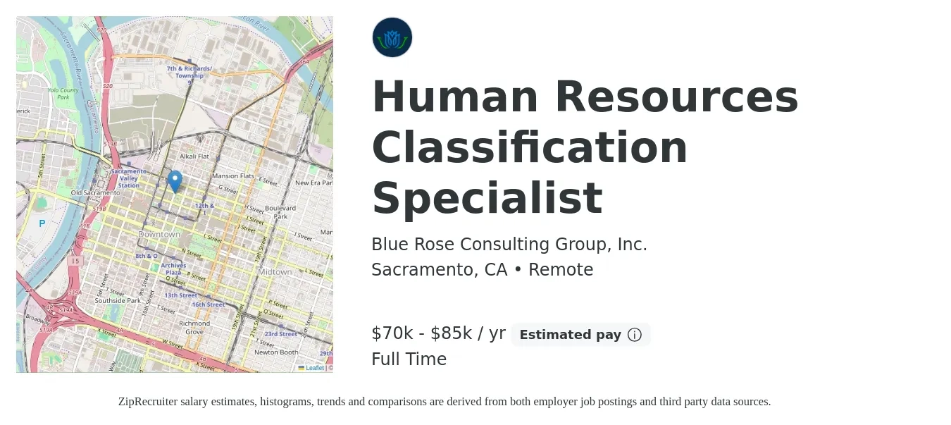 Blue Rose Consulting Group, Inc. job posting for a Human Resources Classification Specialist in Sacramento, CA with a salary of $70,000 to $85,000 Yearly with a map of Sacramento location.
