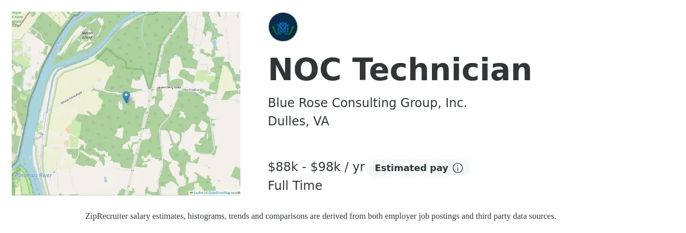 Blue Rose Consulting Group, Inc. job posting for a NOC Technician in Dulles, VA with a salary of $88,000 to $98,000 Yearly with a map of Dulles location.