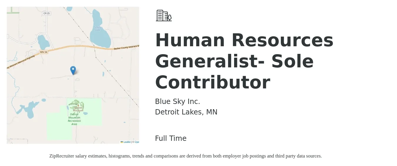 Blue Sky Inc. job posting for a Human Resources Generalist- Sole Contributor in Detroit Lakes, MN with a salary of $50,800 to $72,300 Yearly with a map of Detroit Lakes location.