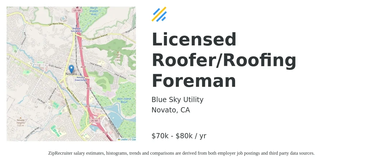 Blue Sky Utility job posting for a Licensed Roofer/Roofing Foreman in Novato, CA with a salary of $70,000 to $80,000 Yearly with a map of Novato location.